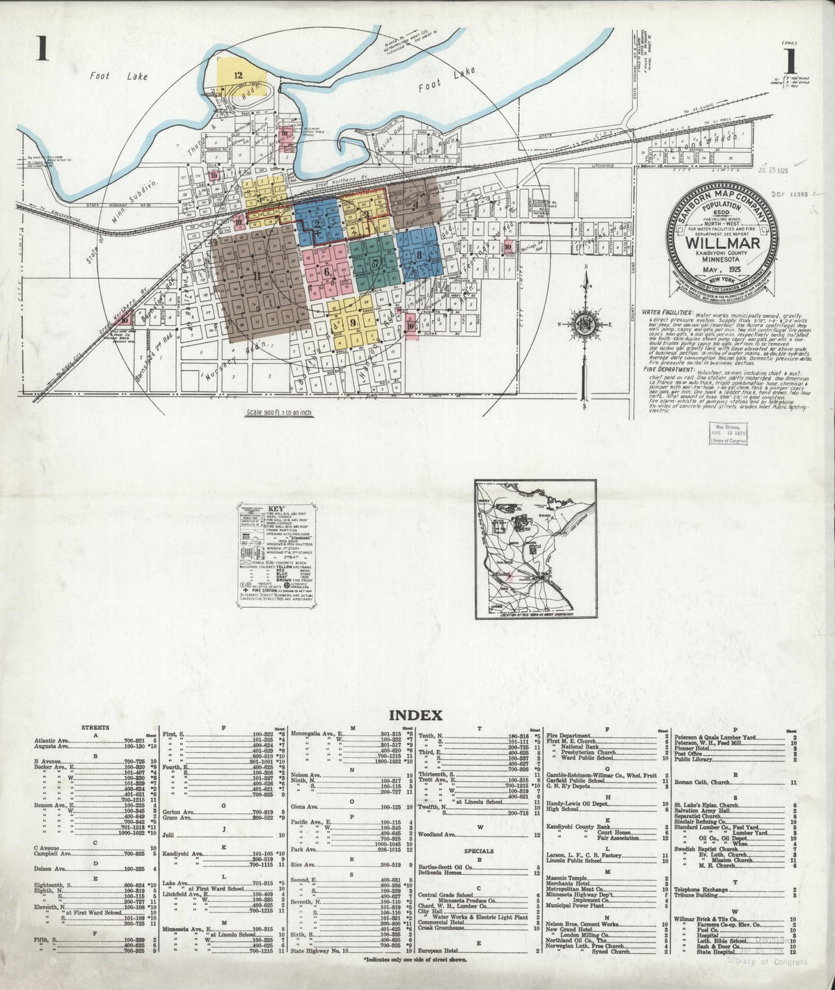 Sanborn Fire Insurance Map from Willmar, Kandiyohi County, Minnesota (1925), Sheet #0001 - Historic Sanborn Fire Insurance Map Print, vintage old map wall art, antique decor, genealogy gift, Minnesota Minnesota map