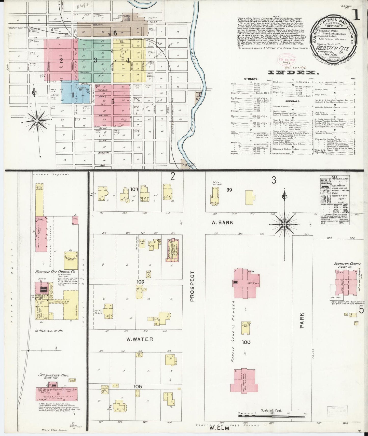 Sanborn Fire Insurance Map from Webster City, Hamilton County, Iowa (1896), Sheet #0001 - Historic Sanborn Fire Insurance Map Print, vintage old map wall art