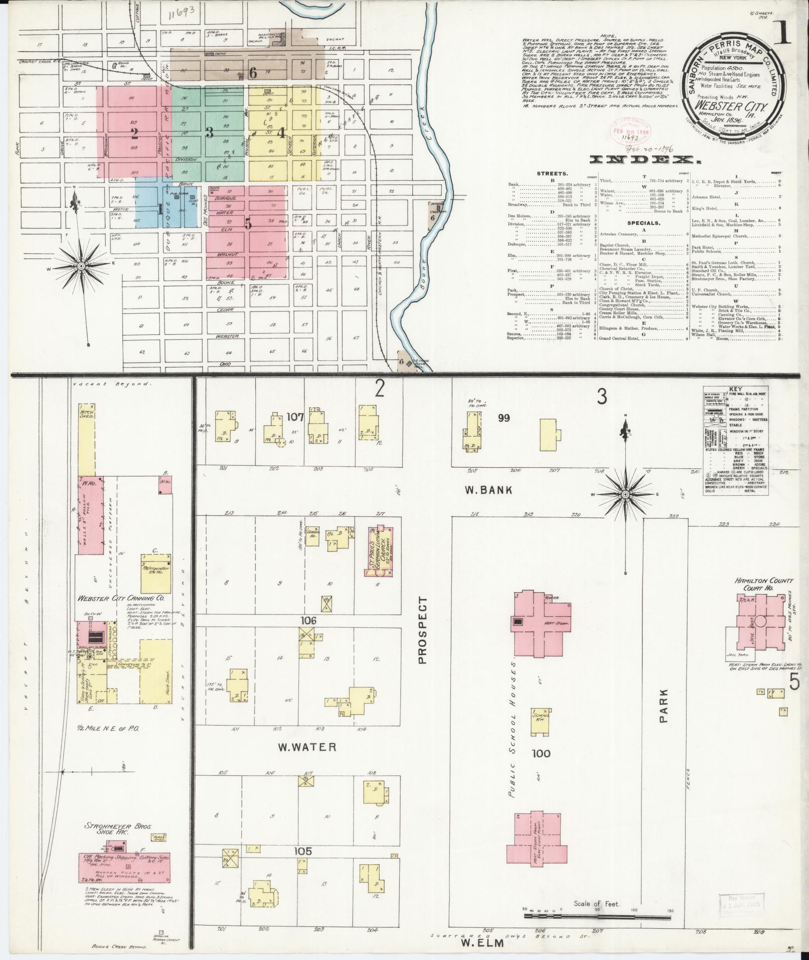 Sanborn Fire Insurance Map from Webster City, Hamilton County, Iowa (1896), Sheet #0001 - Historic Sanborn Fire Insurance Map Print, vintage old map wall art