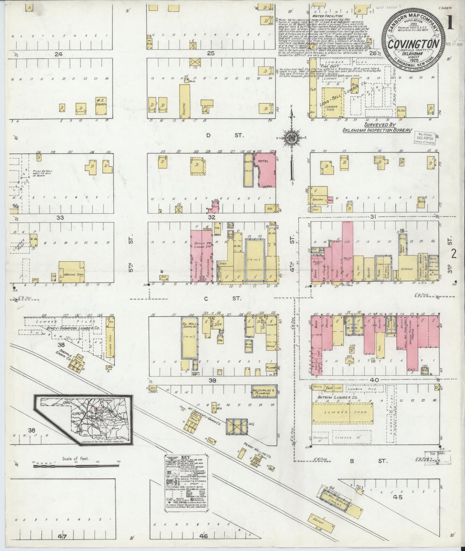 Sanborn Fire Insurance Map from Covington, Garfield County, Oklahoma (1920), Sheet #0001 - Complete Map Set gallery image, historic Sanborn map, vintage wall art, Oklahoma Oklahoma