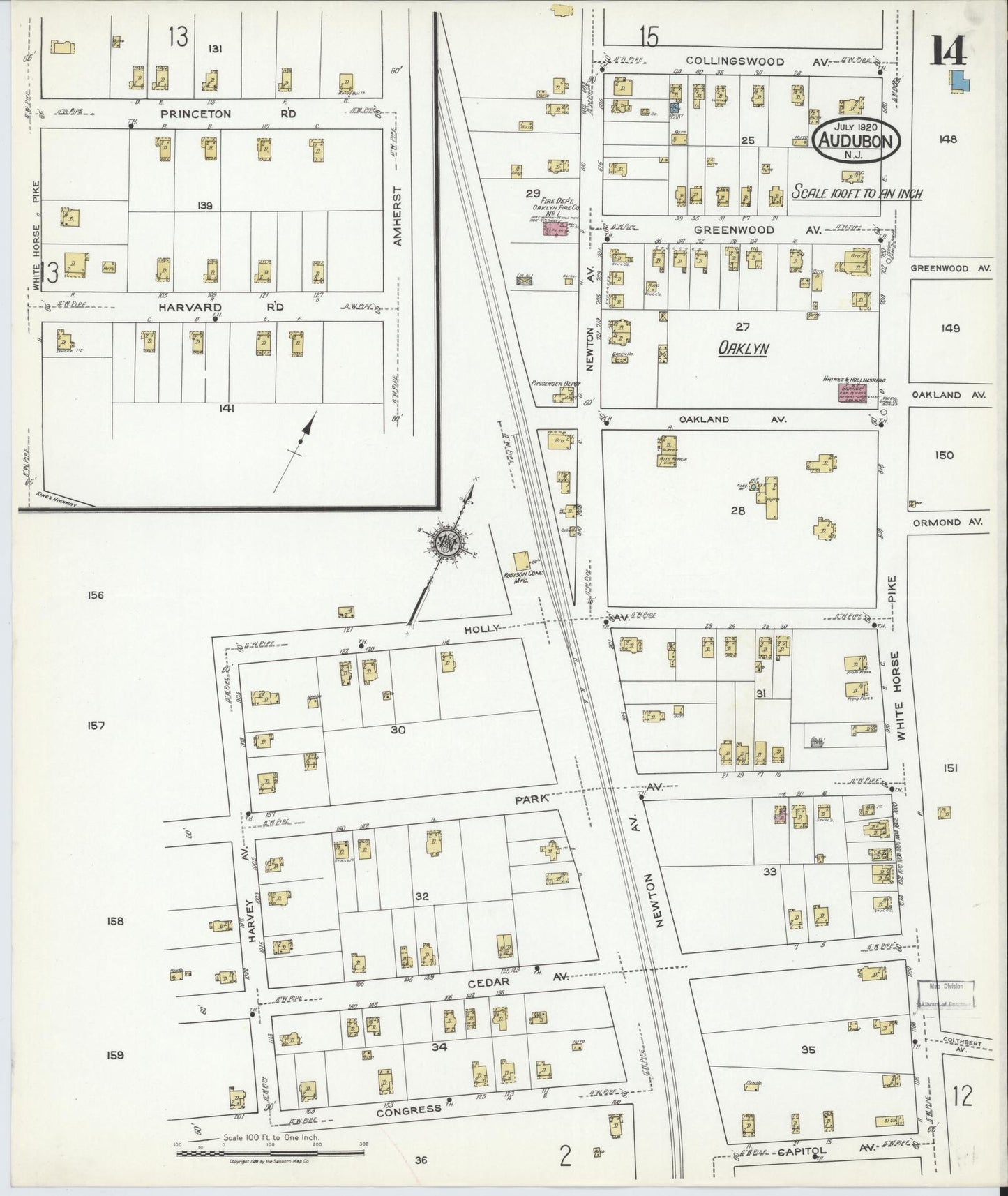 Sanborn Fire Insurance Map from Audubon, Camden County, New Jersey (1920), Sheet #0014 - Complete Map Set gallery image, historic Sanborn map, vintage wall art, New Jersey New Jersey
