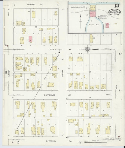Sanborn Fire Insurance Map from Big Rapids, Mecosta County, Michigan (1914), Sheet #0013 - Historic Sanborn Fire Insurance Map Print, vintage old map wall art, antique decor, genealogy gift, Michigan Michigan map