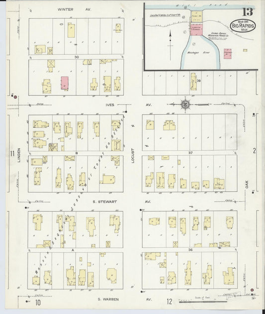 Sanborn Fire Insurance Map from Big Rapids, Mecosta County, Michigan (1914), Sheet #0013 - Historic Sanborn Fire Insurance Map Print, vintage old map wall art, antique decor, genealogy gift, Michigan Michigan map