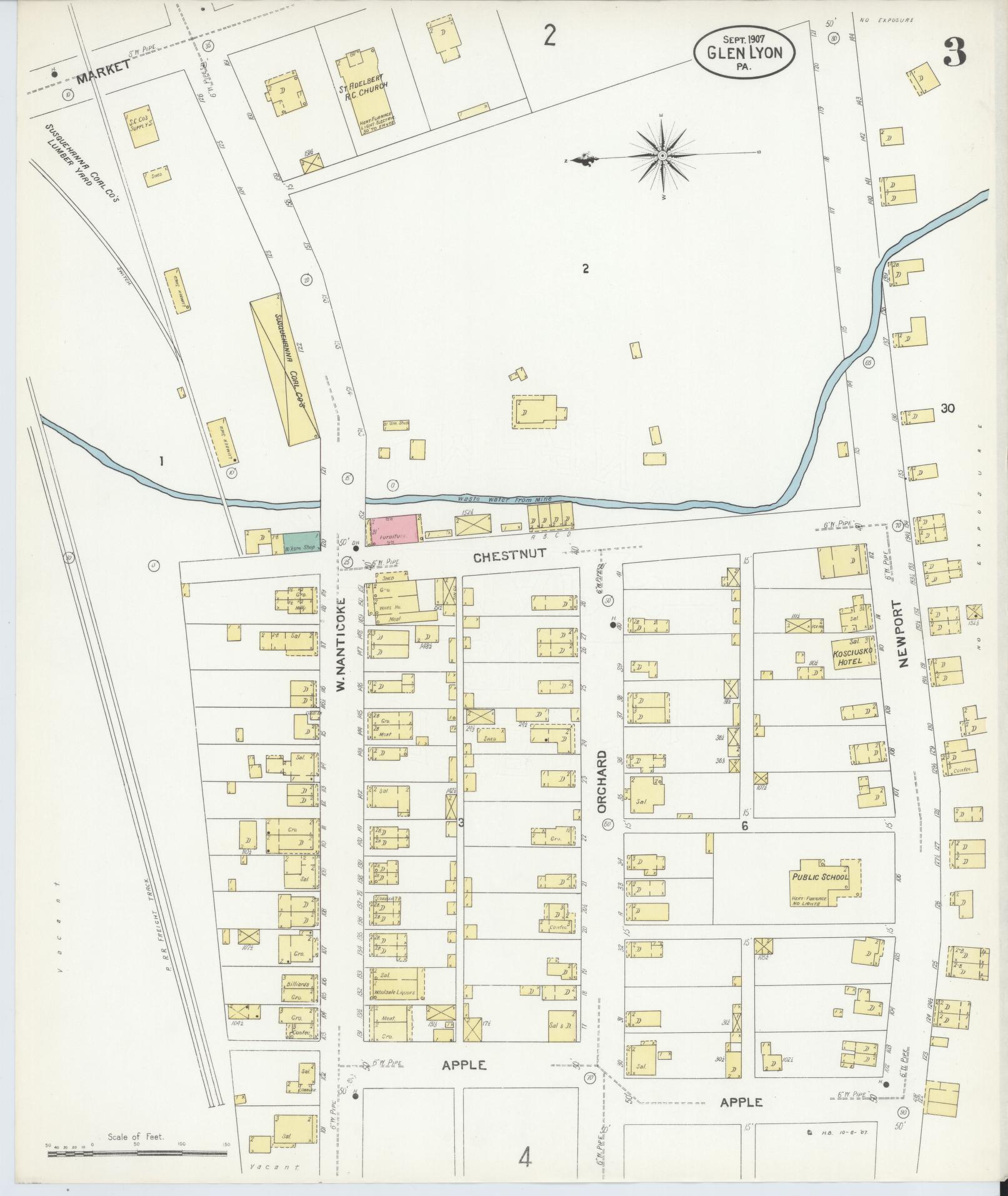 Sanborn Fire Insurance Map from Glen Lyon, Luzerne County, Pennsylvania (1907), Sheet #0003 - Historic Sanborn Fire Insurance Map Print, vintage old map wall art, antique decor, genealogy gift, Pennsylvania Pennsylvania map