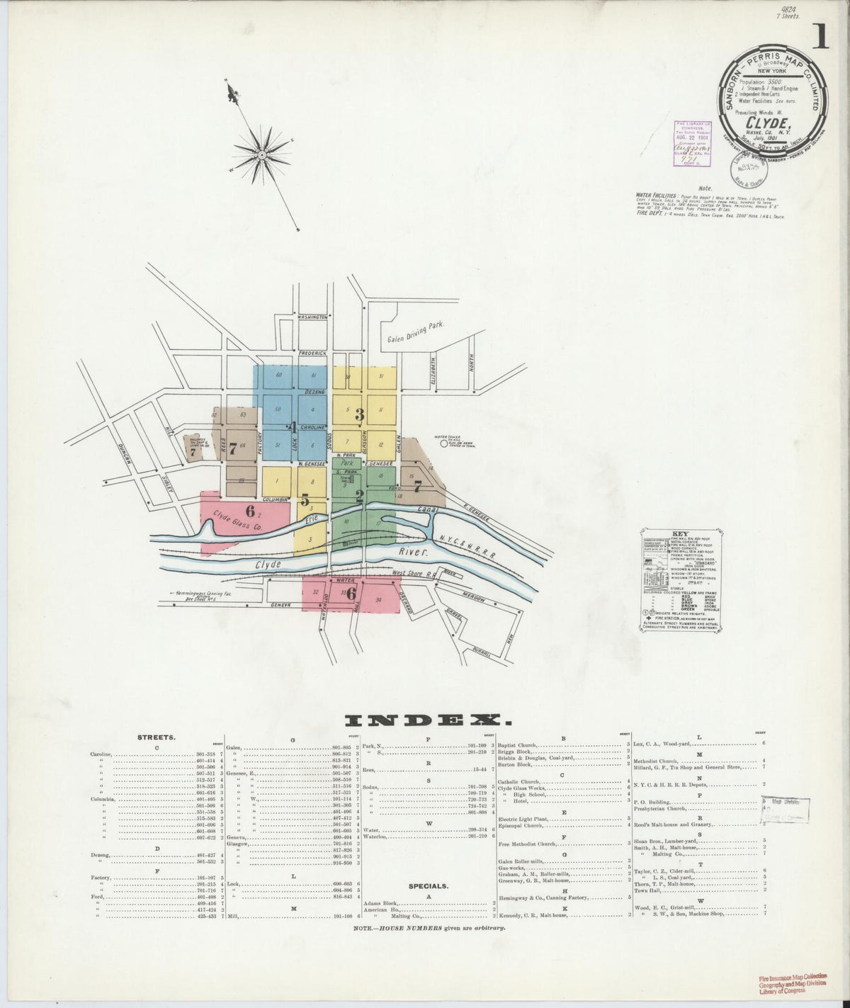 Sanborn Fire Insurance Map from Clyde, Wayne County, New York (1901), Sheet #0001 - Historic Sanborn Fire Insurance Map Print, vintage old map wall art, antique decor, genealogy gift, New York New York map