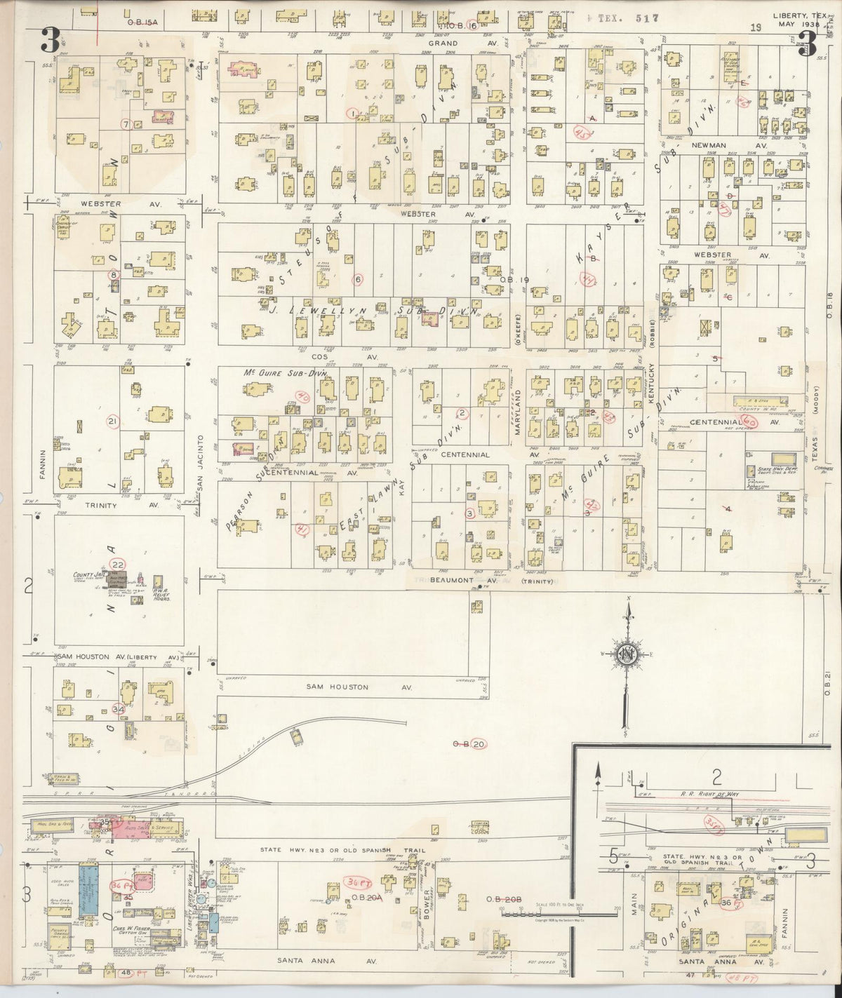 Sanborn Fire Insurance Map from Liberty, Liberty County, Texas (1945), Sheet #0003 - Historic Sanborn Fire Insurance Map Print, vintage old map wall art, antique decor, genealogy gift, Texas Texas map