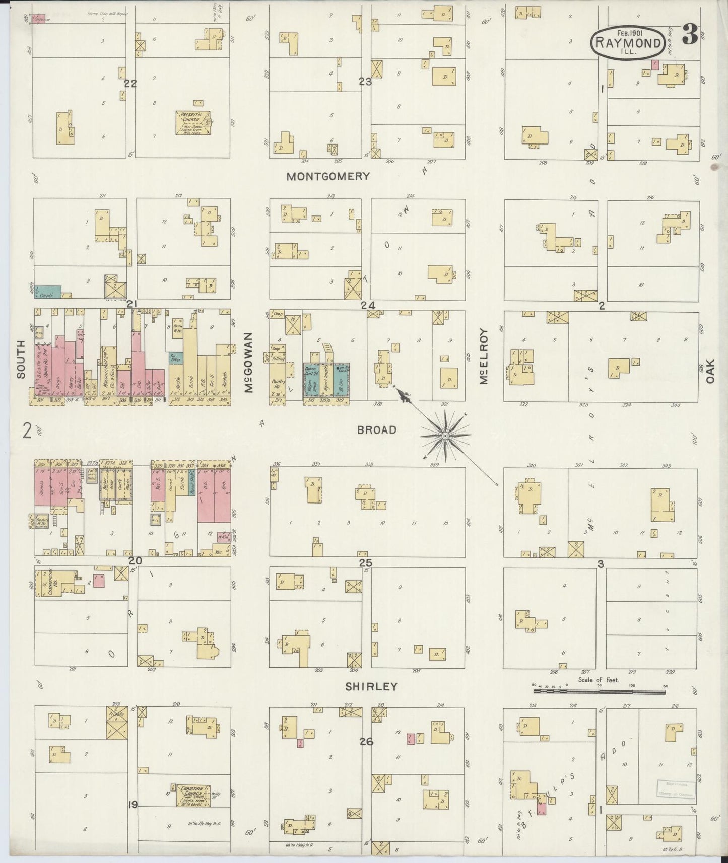 Sanborn Fire Insurance Map from Raymond, Montgomery County, Illinois (1901), Sheet #0003 - Complete Map Set gallery image, historic Sanborn map, vintage wall art, Illinois Illinois