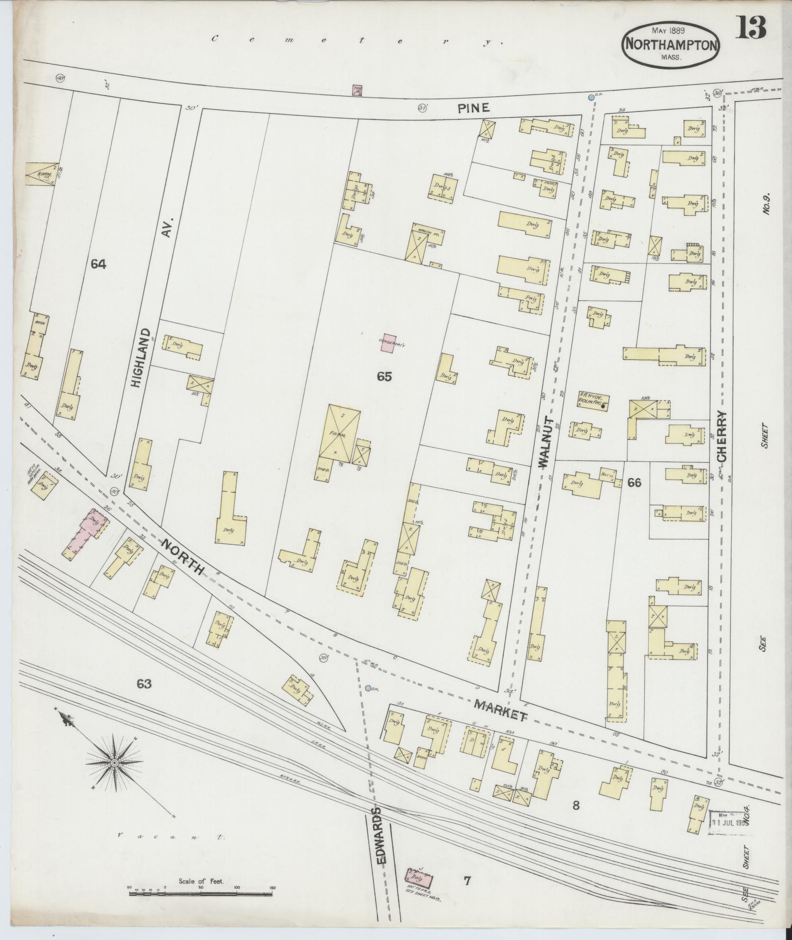 Sanborn Fire Insurance Map from Northampton, Hampshire County, Massachusetts (1889), Sheet #0013 - Complete Map Set gallery image, historic Sanborn map, vintage wall art, Massachusetts Massachusetts