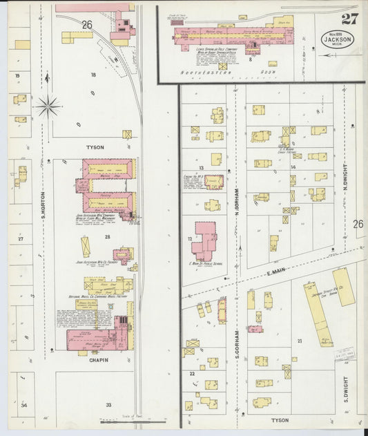 Sanborn Fire Insurance Map from Jackson, Jackson County, Michigan (1899), Sheet #0027 - Historic Sanborn Fire Insurance Map Print, vintage old map wall art, antique decor, genealogy gift, Michigan Michigan map