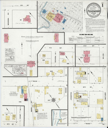Sanborn Fire Insurance Map from Tishomingo, Johnston County, Oklahoma (1918), Sheet #0001 - Complete Map Set gallery image, historic Sanborn map, vintage wall art, Oklahoma Oklahoma