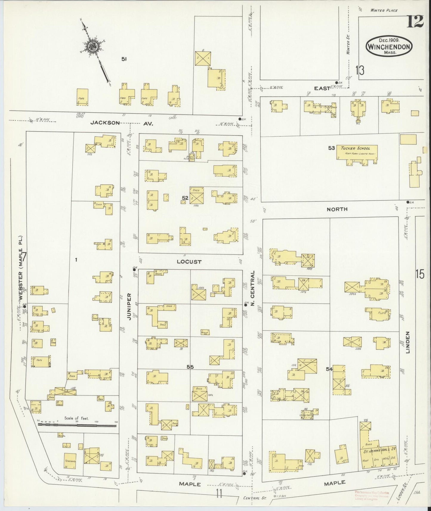 Sanborn Fire Insurance Map from Winchendon, Worcester County, Massachusetts (1909), Sheet #0012 - Historic Sanborn Fire Insurance Map Print, vintage old map wall art, antique decor, genealogy gift, Massachusetts Massachusetts map