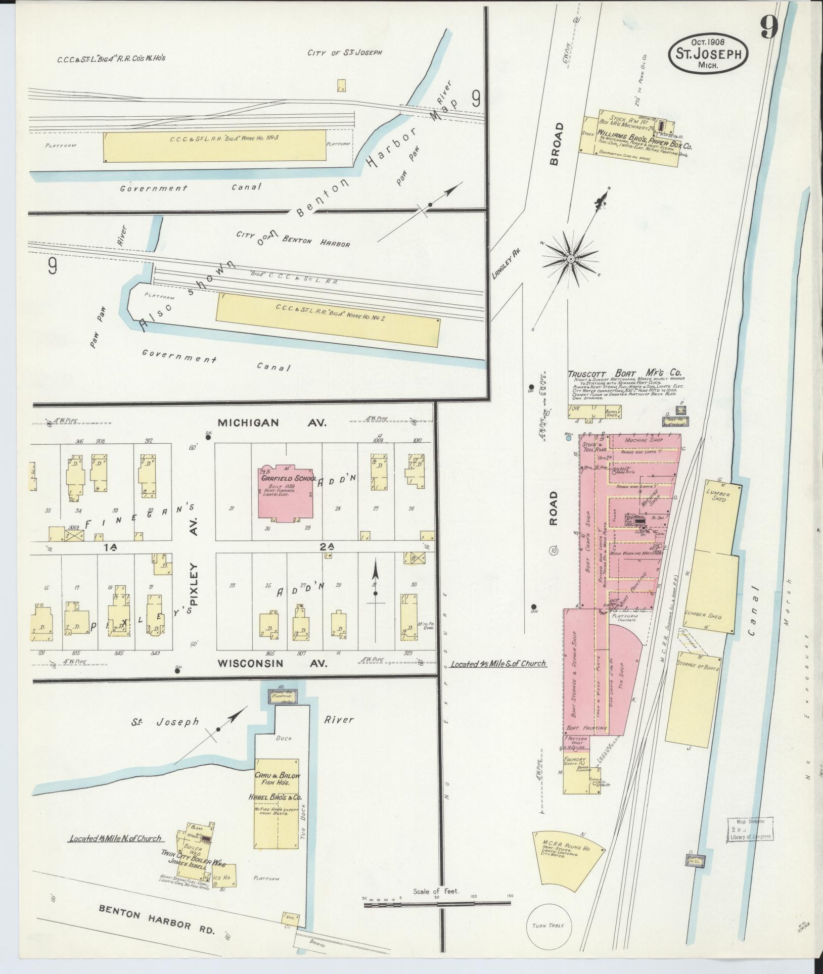 Sanborn Fire Insurance Map from Saint Joseph, Berrien County, Michigan (1908), Sheet #0009 - Historic Sanborn Fire Insurance Map Print, vintage old map wall art, antique decor, genealogy gift, Michigan Michigan map