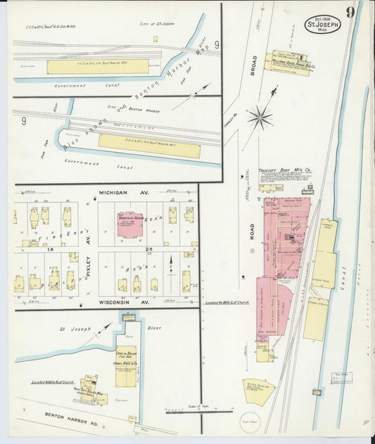 Sanborn Fire Insurance Map from Saint Joseph, Berrien County, Michigan (1908), Sheet #0009 - Historic Sanborn Fire Insurance Map Print, vintage old map wall art, antique decor, genealogy gift, Michigan Michigan map