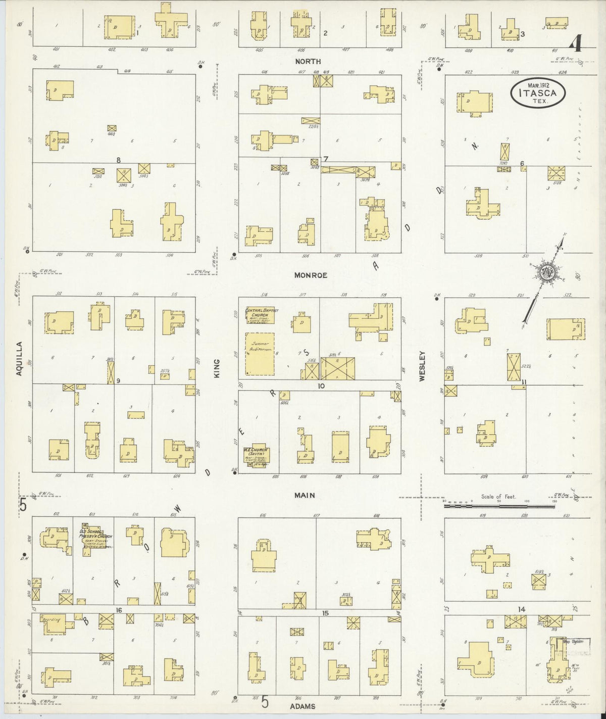 Sanborn Fire Insurance Map from Itasca, Hill County, Texas (1912), Sheet #0004 - Historic Sanborn Fire Insurance Map Print, vintage old map wall art, antique decor, genealogy gift, Texas Texas map