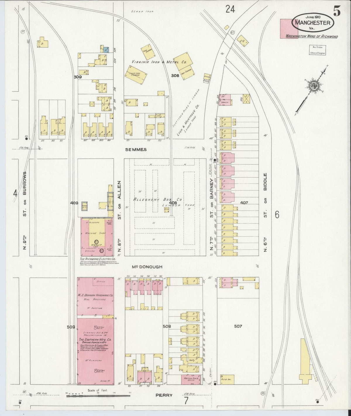 Sanborn Fire Insurance Map from Manchester, Chesterfield County, Virginia (1910), Sheet #0005 - Historic Sanborn Fire Insurance Map Print, vintage old map wall art, antique decor, genealogy gift, Virginia Virginia map