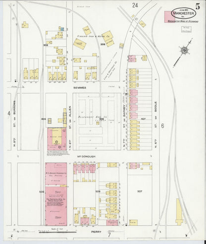 Sanborn Fire Insurance Map from Manchester, Chesterfield County, Virginia (1910), Sheet #0005 - Historic Sanborn Fire Insurance Map Print, vintage old map wall art, antique decor, genealogy gift, Virginia Virginia map