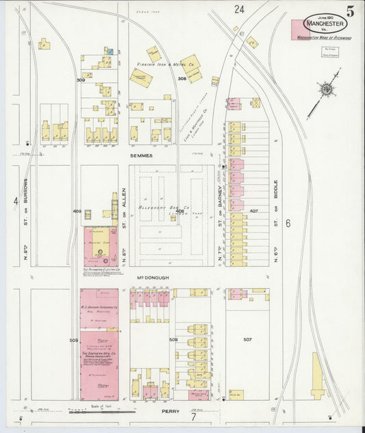 Sanborn Fire Insurance Map from Manchester, Chesterfield County, Virginia (1910), Sheet #0005 - Historic Sanborn Fire Insurance Map Print, vintage old map wall art, antique decor, genealogy gift, Virginia Virginia map