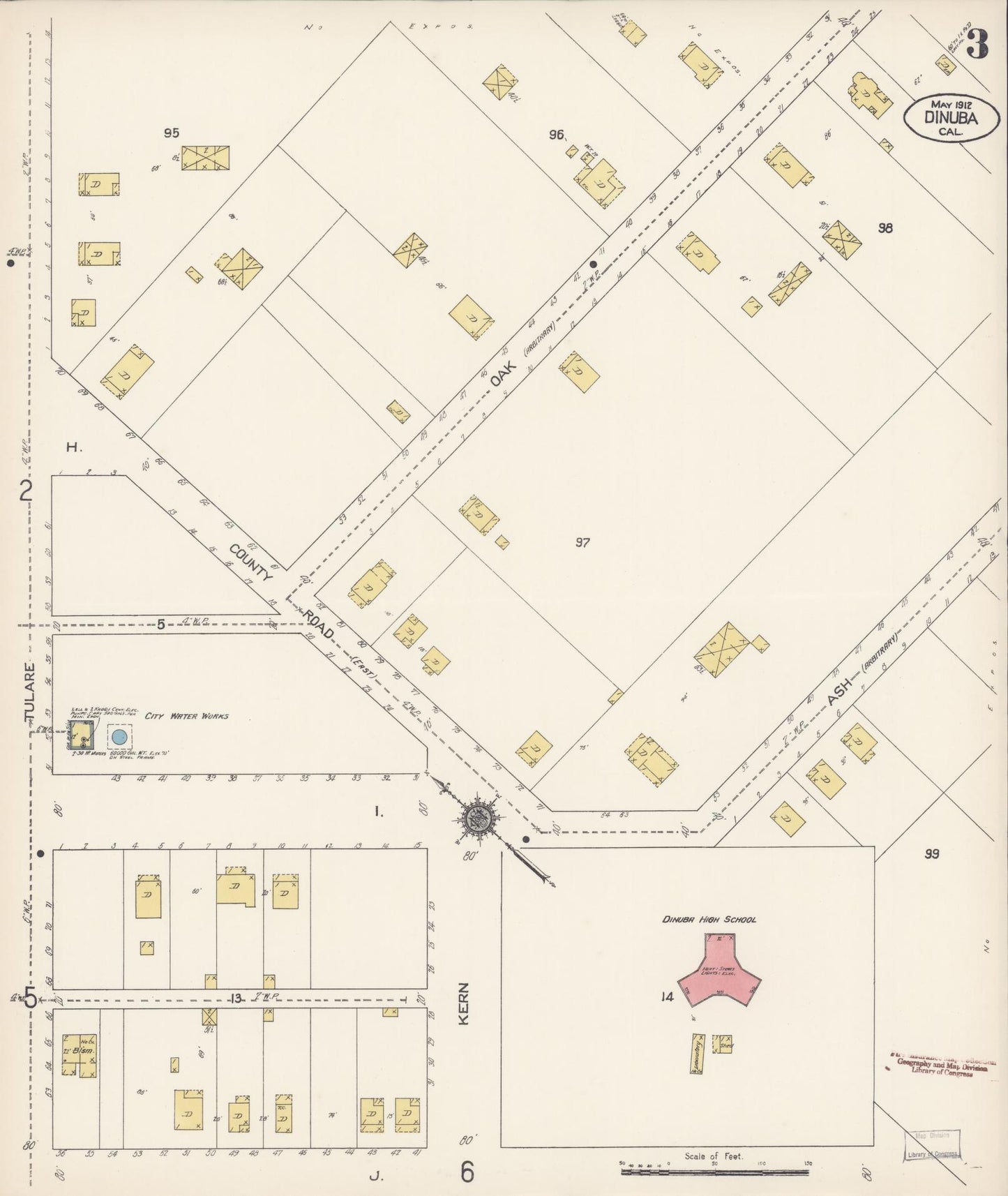 Sanborn Fire Insurance Map from Dinuba, Tulare County, California (1912), Sheet #0003 - Complete Map Set gallery image, historic Sanborn map, vintage wall art, California California