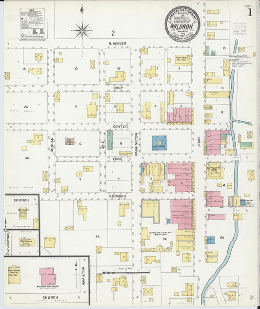 Sanborn Fire Insurance Map from Waldron, Scott County, Arkansas (1908), Sheet #0001 - Complete Map Set gallery image, historic Sanborn map, vintage wall art, Arkansas Arkansas