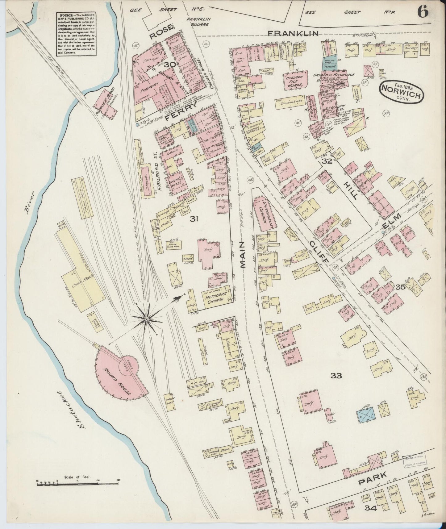 Sanborn Fire Insurance Map from Norwich, New London County, Connecticut (1885), Sheet #0006 - Historic Sanborn Fire Insurance Map Print, vintage old map wall art, antique decor, genealogy gift, Connecticut Connecticut map