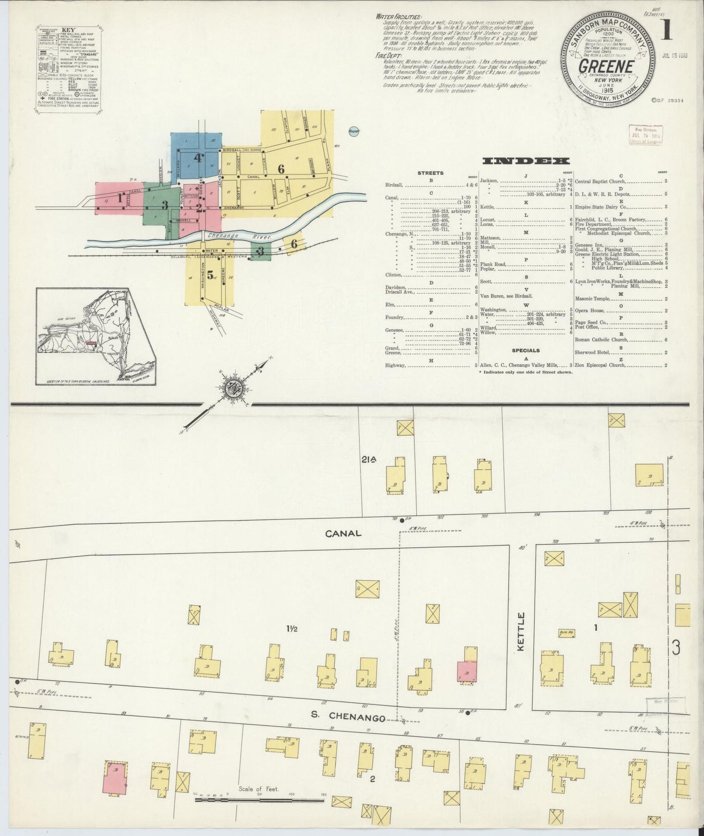 Sanborn Fire Insurance Map from Greene, Chenango County, New York (1915), Sheet #0001 - Historic Sanborn Fire Insurance Map Print, vintage old map wall art, antique decor, genealogy gift, New York New York map