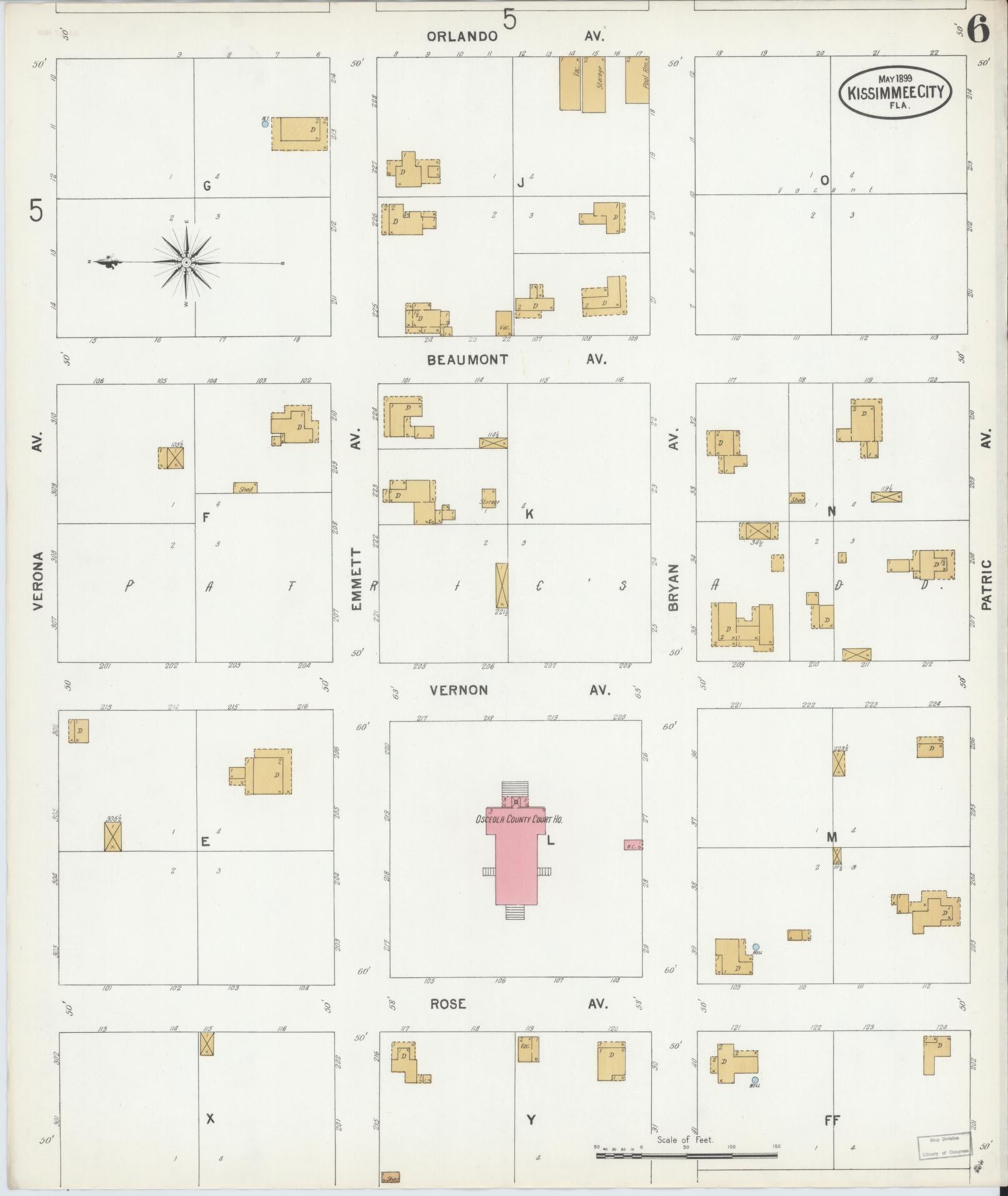 Sanborn Fire Insurance Map from Kissimmee, Osceola County, Florida (1899), Sheet #0006 - Historic Sanborn Fire Insurance Map Print, vintage old map wall art, antique decor, genealogy gift, Florida Florida map