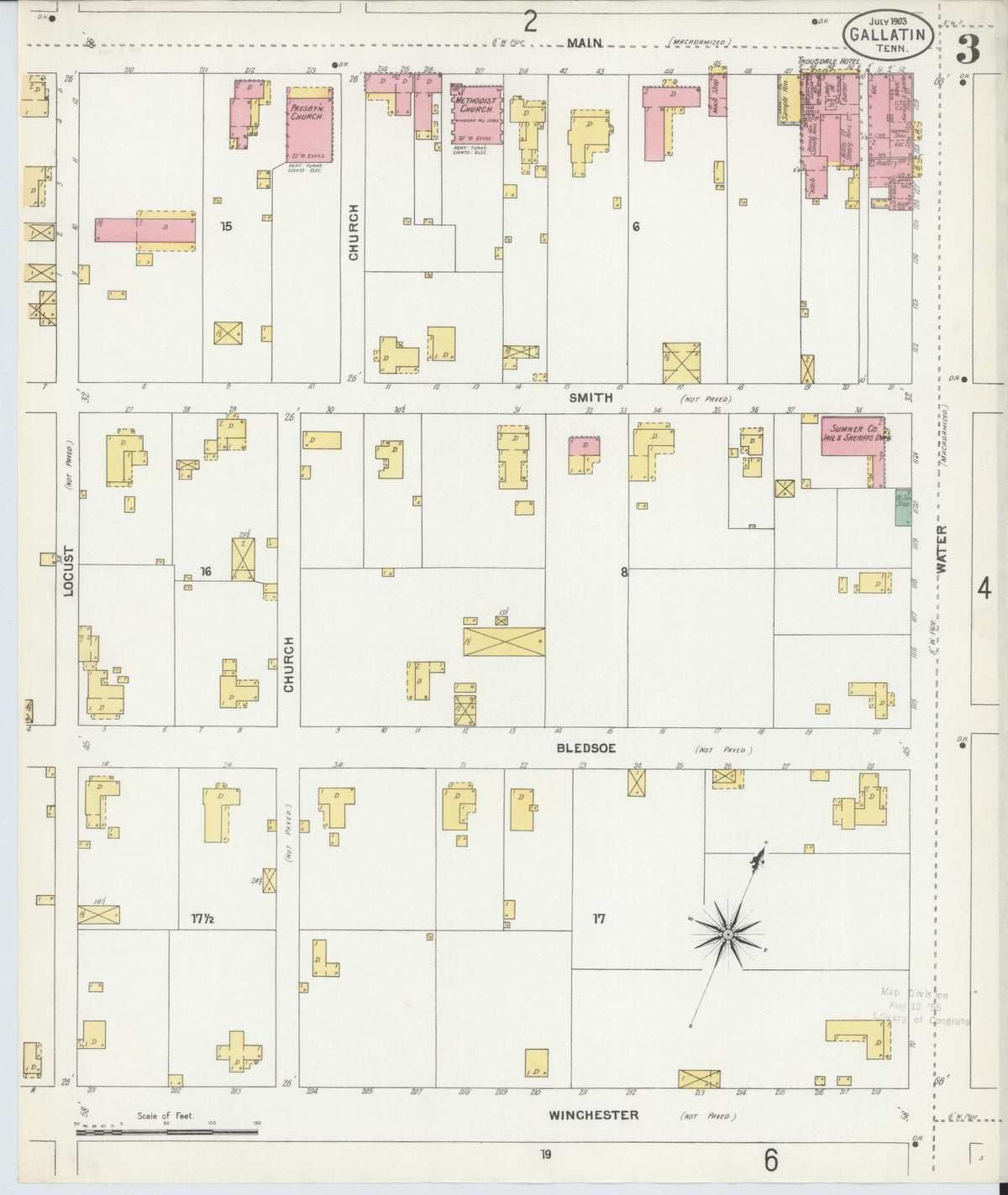 Sanborn Fire Insurance Map from Gallatin, Sumner County, Tennessee (1903), Sheet #0003 - Historic Sanborn Fire Insurance Map Print, vintage old map wall art, antique decor, genealogy gift, Tennessee Tennessee map