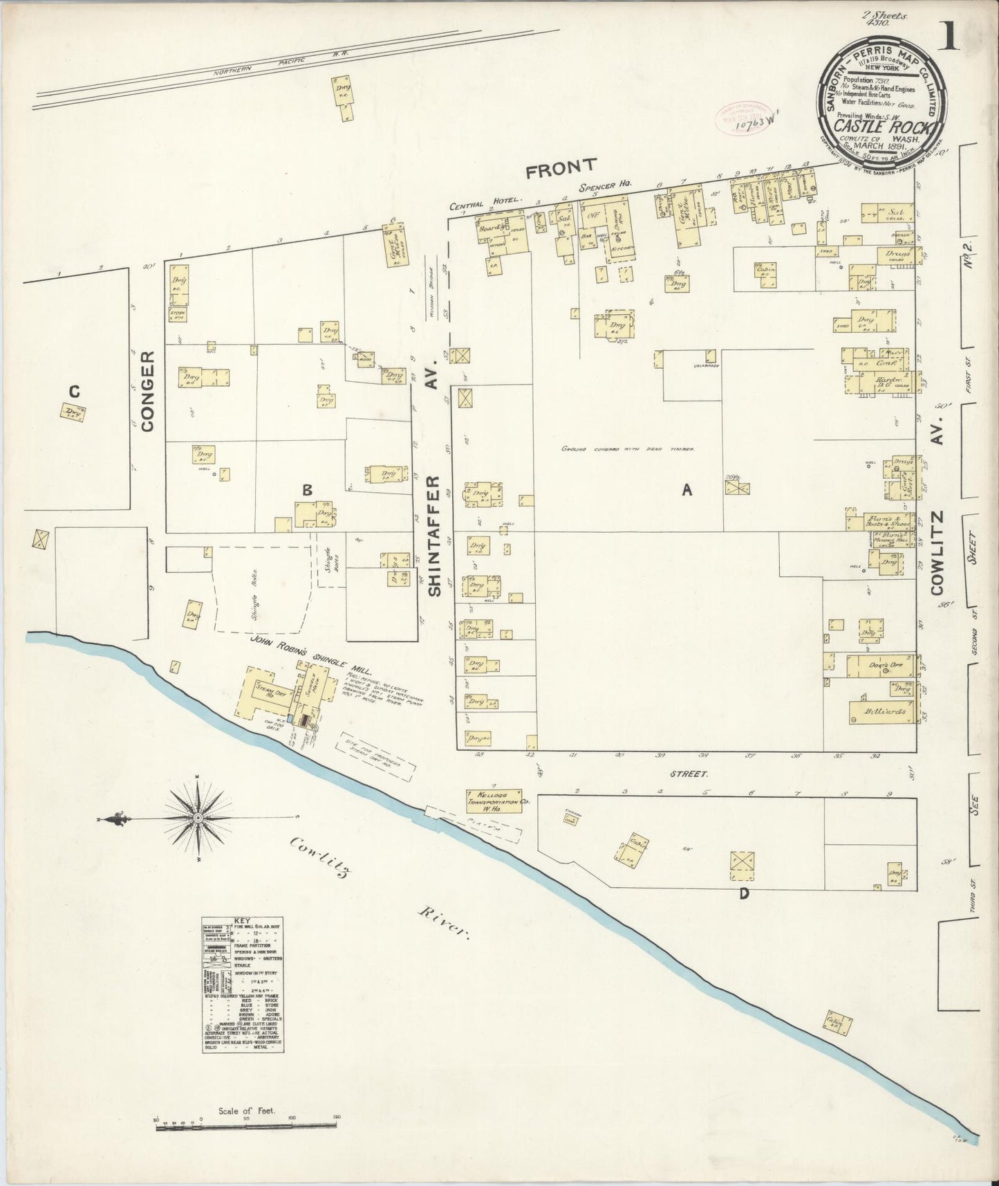 Sanborn Fire Insurance Map from Castle Rock, Cowlitz County, Washington (1891), Sheet #0001 - Complete Map Set gallery image, historic Sanborn map, vintage wall art, Washington Washington