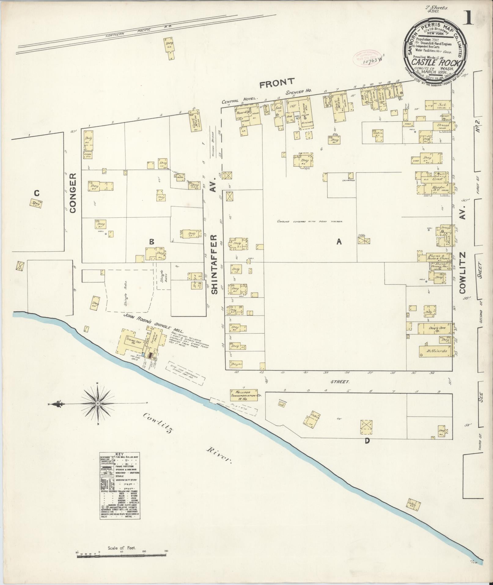 Sanborn Fire Insurance Map from Castle Rock, Cowlitz County, Washington (1891), Sheet #0001 - Complete Map Set gallery image, historic Sanborn map, vintage wall art, Washington Washington