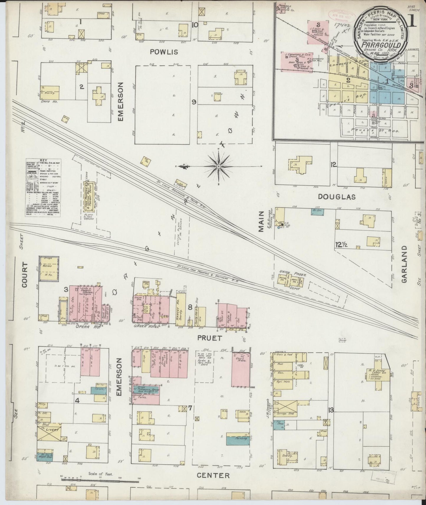 Sanborn Fire Insurance Map from Paragould, Greene County, Arkansas (1892), Sheet #0001 - Complete Map Set gallery image, historic Sanborn map, vintage wall art, Arkansas Arkansas