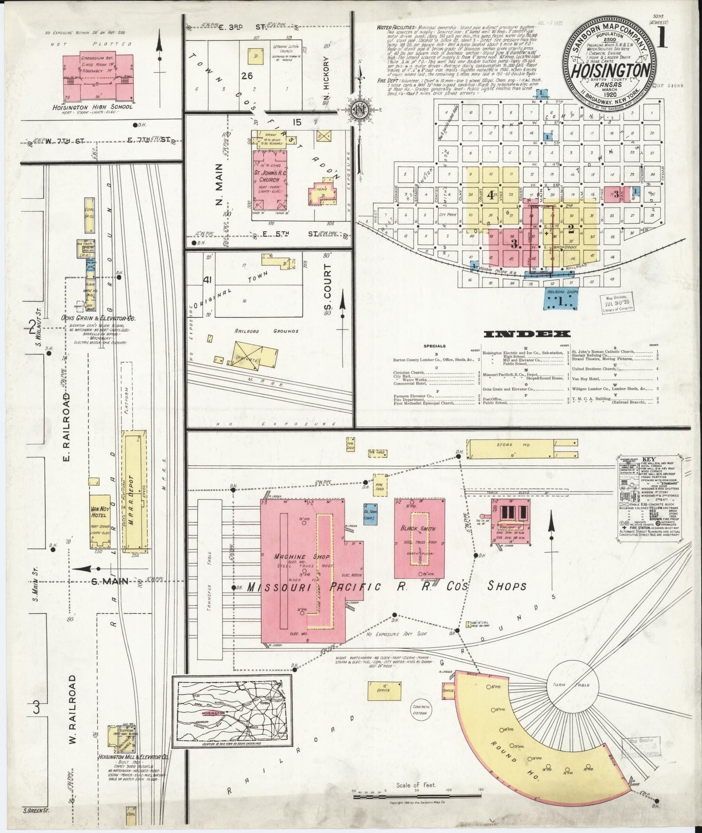Sanborn Fire Insurance Map from Hoisington, Barton County, Kansas (1920), Sheet #0001 - Historic Sanborn Fire Insurance Map Print, vintage old map wall art, antique decor, genealogy gift, Kansas Kansas map