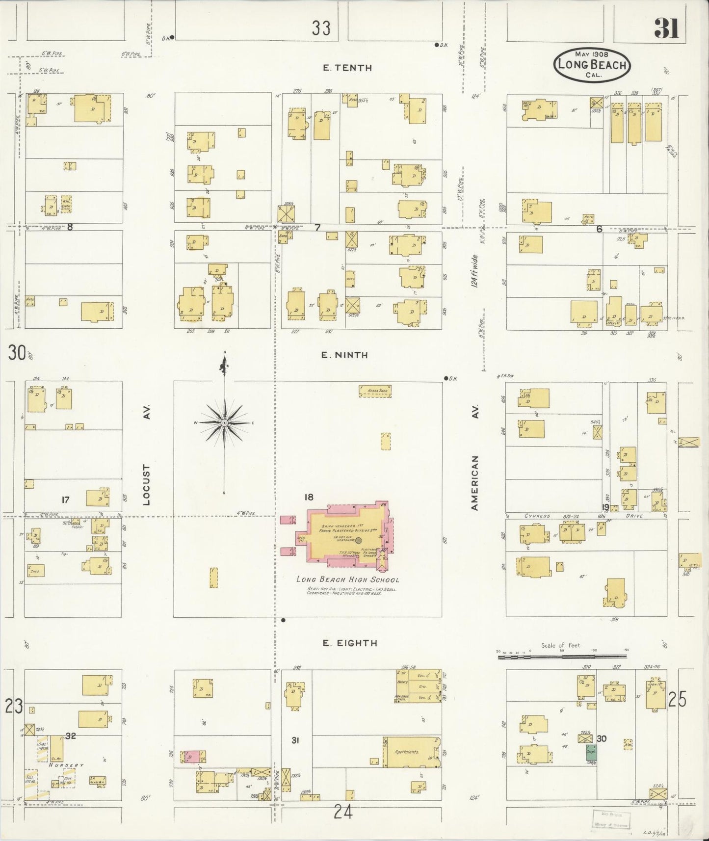 Sanborn Fire Insurance Map from Long Beach, Los Angeles County, California (1908), Sheet #0031 - Historic Sanborn Fire Insurance Map Print, vintage old map wall art, antique decor, genealogy gift, California California map