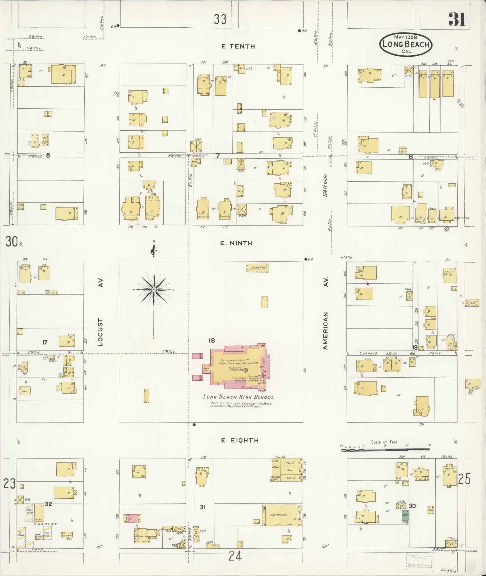 Sanborn Fire Insurance Map from Long Beach, Los Angeles County, California (1908), Sheet #0031 - Historic Sanborn Fire Insurance Map Print, vintage old map wall art, antique decor, genealogy gift, California California map