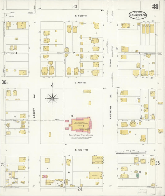 Sanborn Fire Insurance Map from Long Beach, Los Angeles County, California (1908), Sheet #0031 - Historic Sanborn Fire Insurance Map Print, vintage old map wall art, antique decor, genealogy gift, California California map