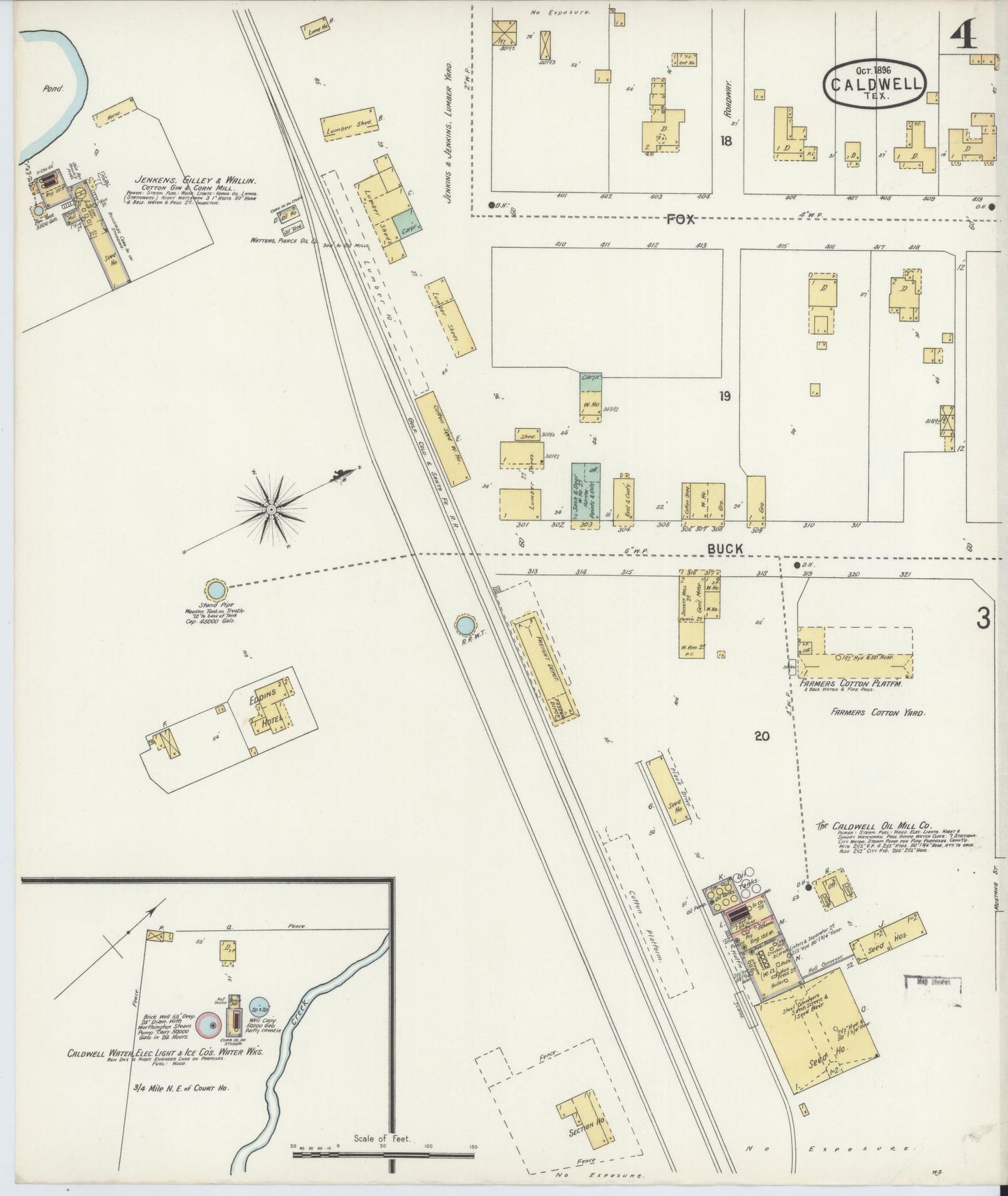 Sanborn Fire Insurance Map from Caldwell, Burleson County, Texas (1896), Sheet #0004 - Historic Sanborn Fire Insurance Map Print, vintage old map wall art, antique decor, genealogy gift, Texas Texas map