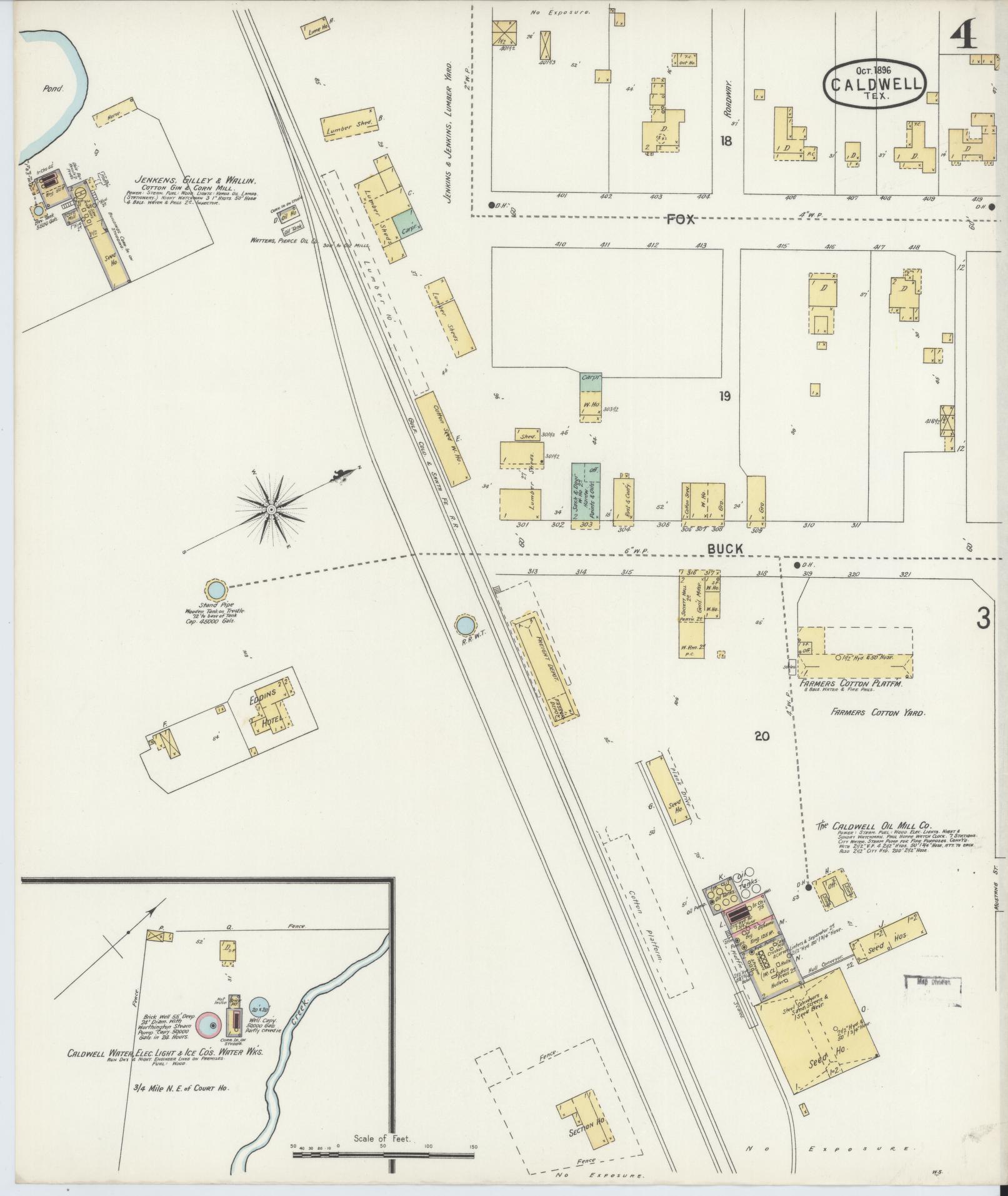 Sanborn Fire Insurance Map from Caldwell, Burleson County, Texas (1896), Sheet #0004 - Historic Sanborn Fire Insurance Map Print, vintage old map wall art, antique decor, genealogy gift, Texas Texas map