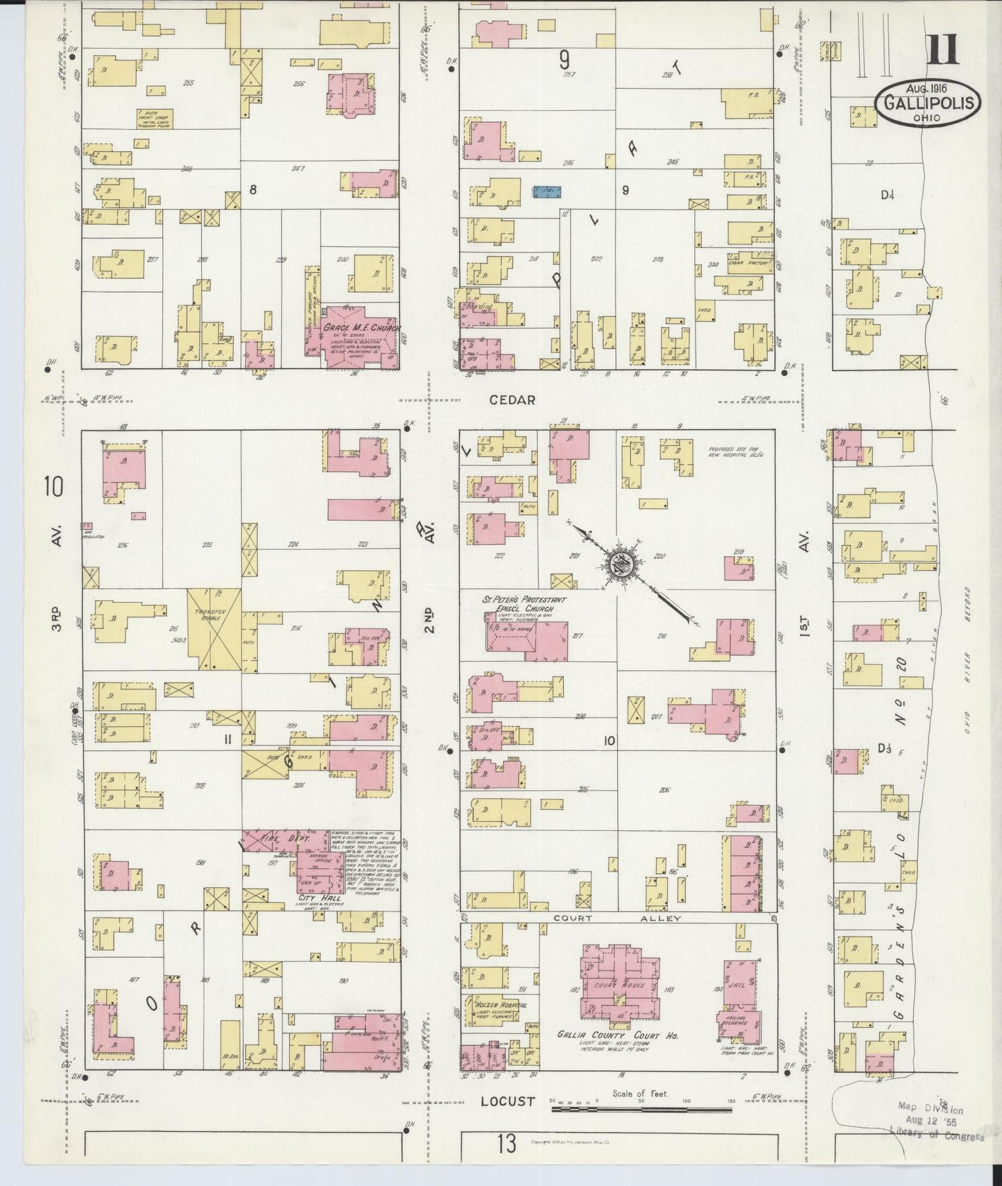 Sanborn Fire Insurance Map from Gallipolis, Gallia County, Ohio (1916), Sheet #0011 - Historic Sanborn Fire Insurance Map Print, vintage old map wall art, antique decor, genealogy gift, Ohio Ohio map