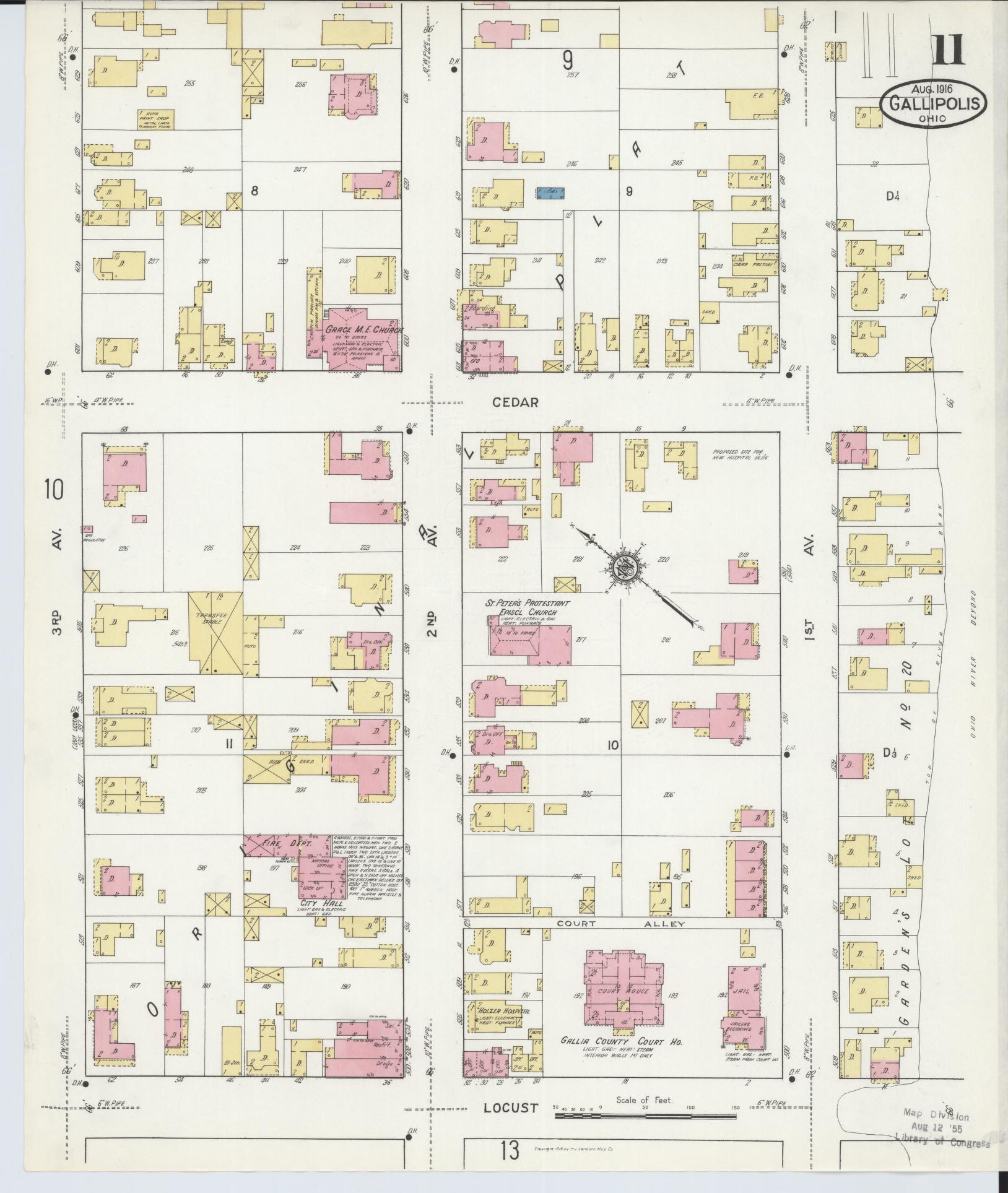 Sanborn Fire Insurance Map from Gallipolis, Gallia County, Ohio (1916), Sheet #0011 - Historic Sanborn Fire Insurance Map Print, vintage old map wall art, antique decor, genealogy gift, Ohio Ohio map