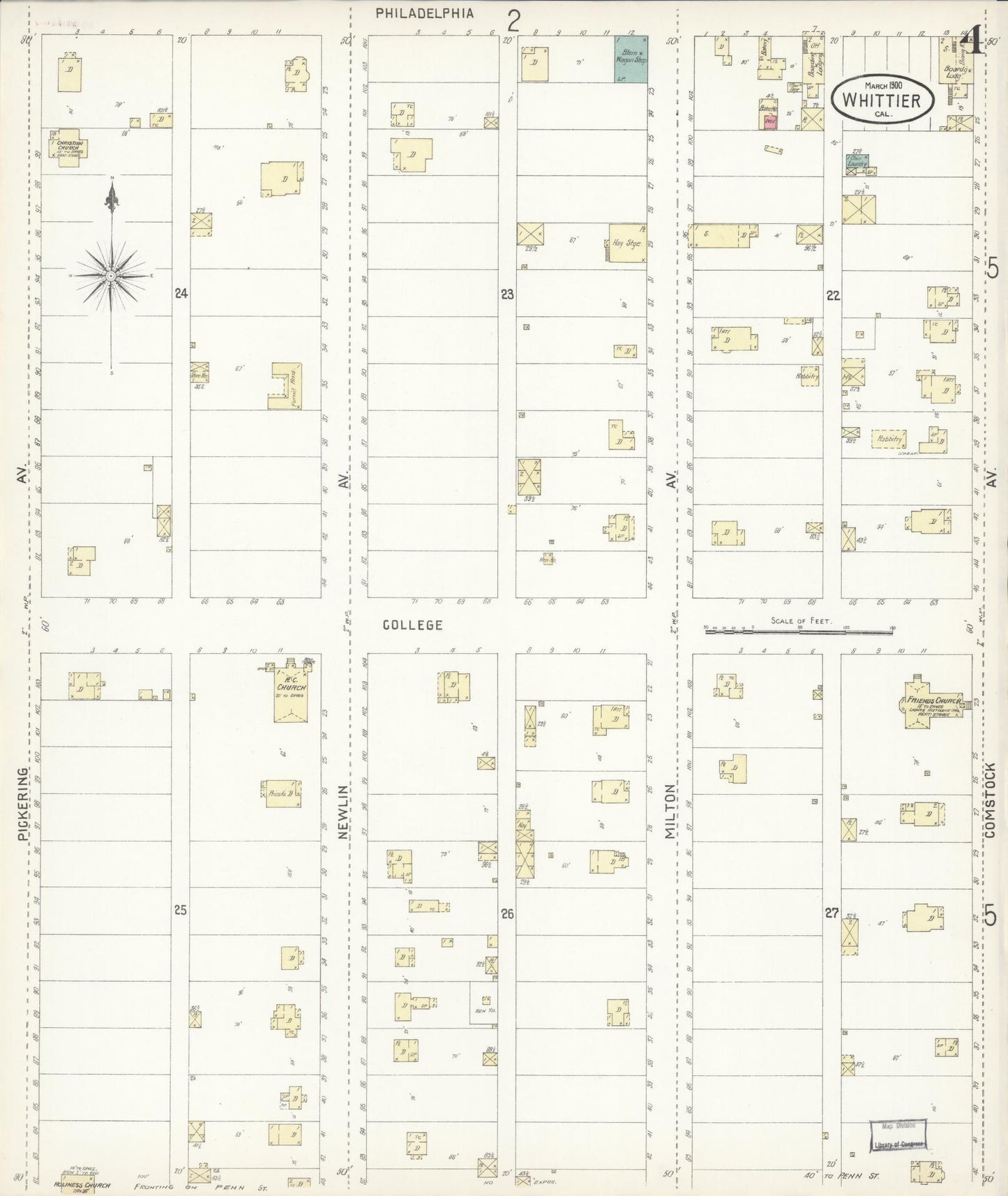 Sanborn Fire Insurance Map from Whittier, Los Angeles County, California (1900), Sheet #0004 - Complete Map Set gallery image, historic Sanborn map, vintage wall art, California California