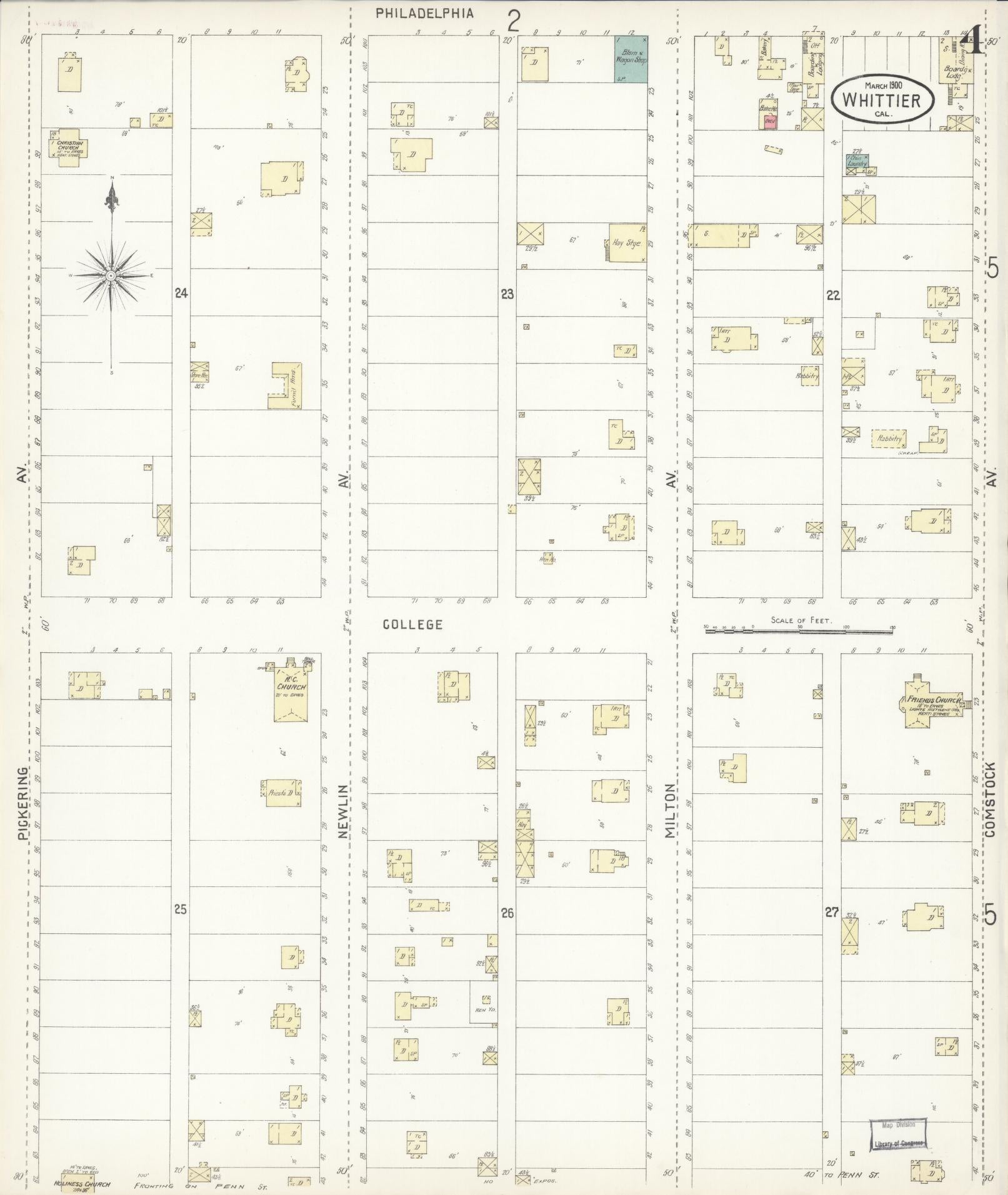 Sanborn Fire Insurance Map from Whittier, Los Angeles County, California (1900), Sheet #0004 - Complete Map Set gallery image, historic Sanborn map, vintage wall art, California California