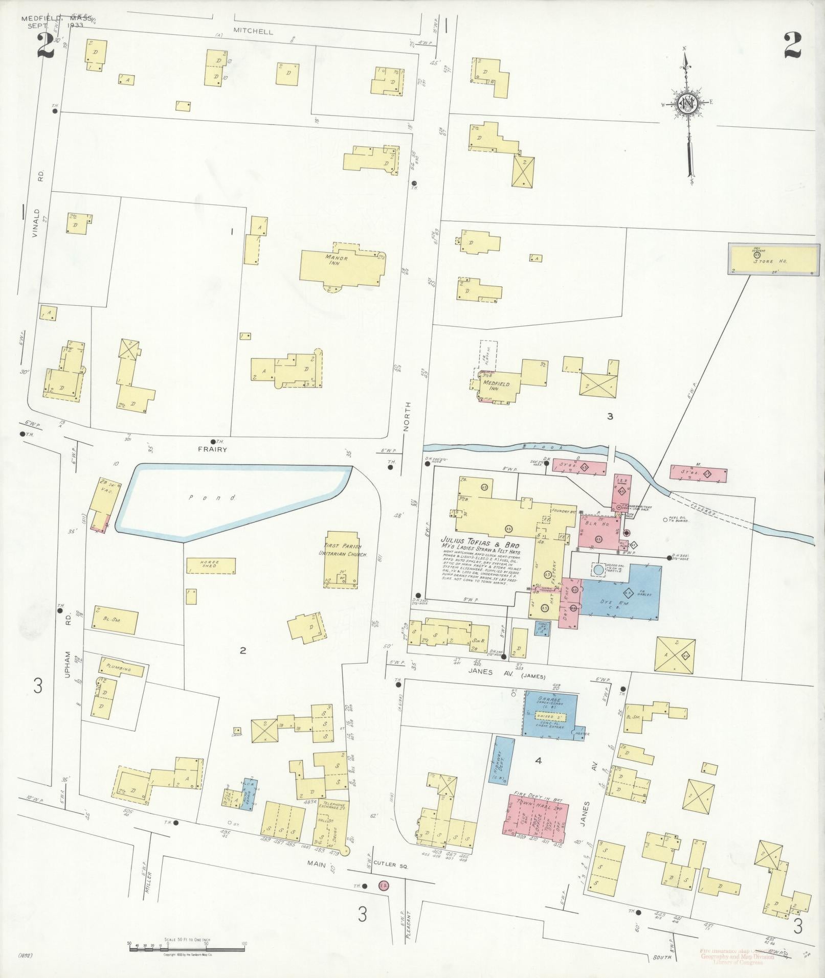 Sanborn Fire Insurance Map from Medfield, Norfolk County, Massachusetts (1933), Sheet #0002 - Complete Map Set gallery image, historic Sanborn map, vintage wall art, Massachusetts Massachusetts