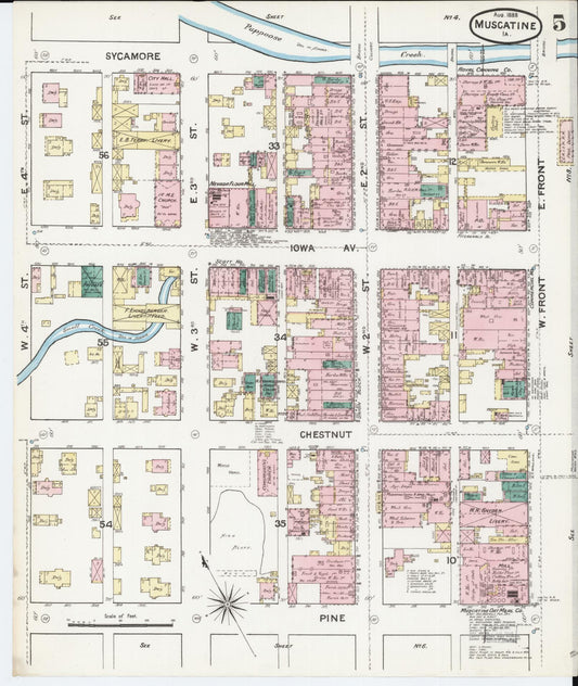 Sanborn Fire Insurance Map from Muscatine, Muscatine County, Iowa (1888), Sheet #0005 - Historic Sanborn Fire Insurance Map Print, vintage old map wall art