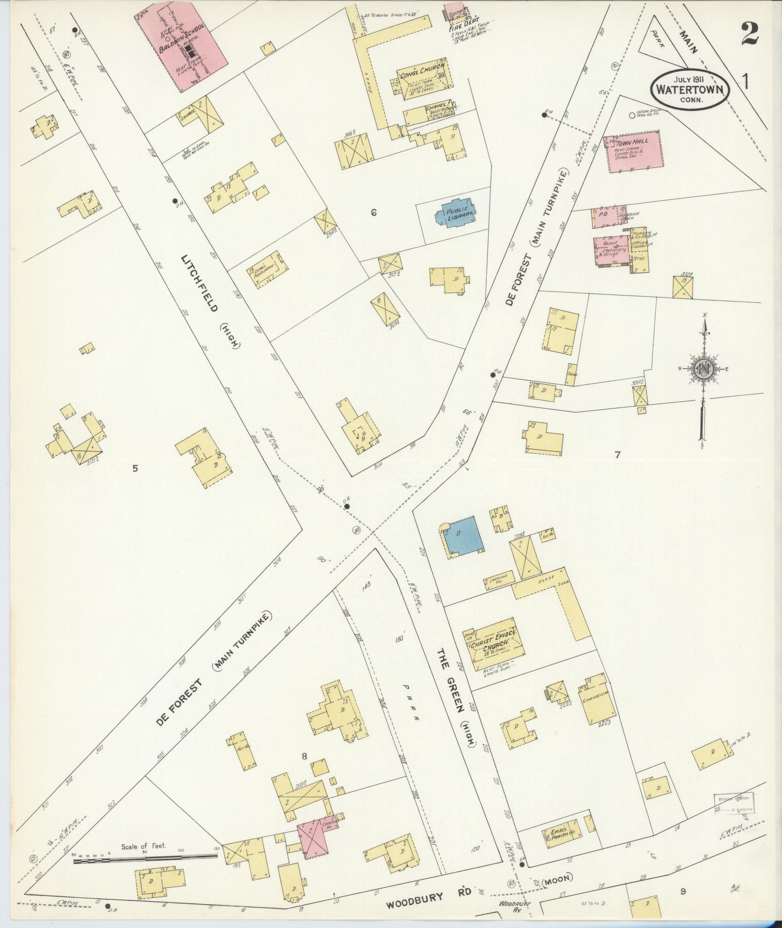Sanborn Fire Insurance Map from Watertown, Litchfield County, Connecticut (1911), Sheet #0002 - Complete Map Set gallery image, historic Sanborn map, vintage wall art, Connecticut Connecticut
