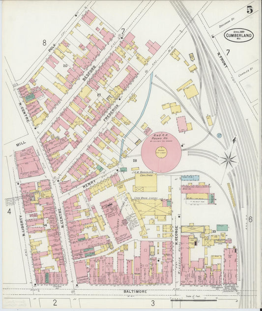 Allegany, Maryland - 1897 - Sanborn Fire Insurance Map, Sheet #0005 - Historic Sanborn Fire Insurance Map Print, Allegany Maryland 1897 0005 vintage old map wall art