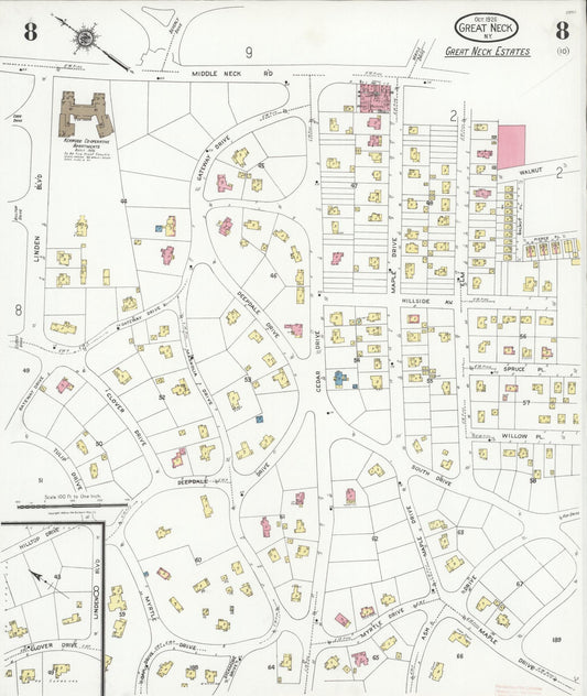 Sanborn Fire Insurance Map from Great Neck, Nassau County, New York (1926), Sheet #0008 - Historic Sanborn Fire Insurance Map Print, vintage old map wall art, antique decor, genealogy gift, New York New York map