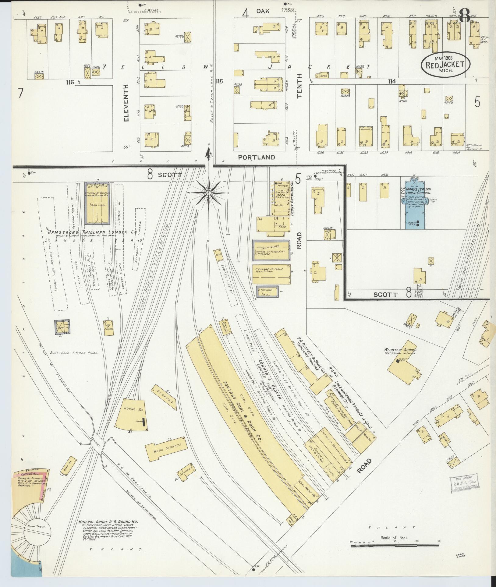 Sanborn Fire Insurance Map from Red Jacket, Houghton County, Michigan (1908), Sheet #0008 - Complete Map Set gallery image, historic Sanborn map, vintage wall art, Michigan Michigan