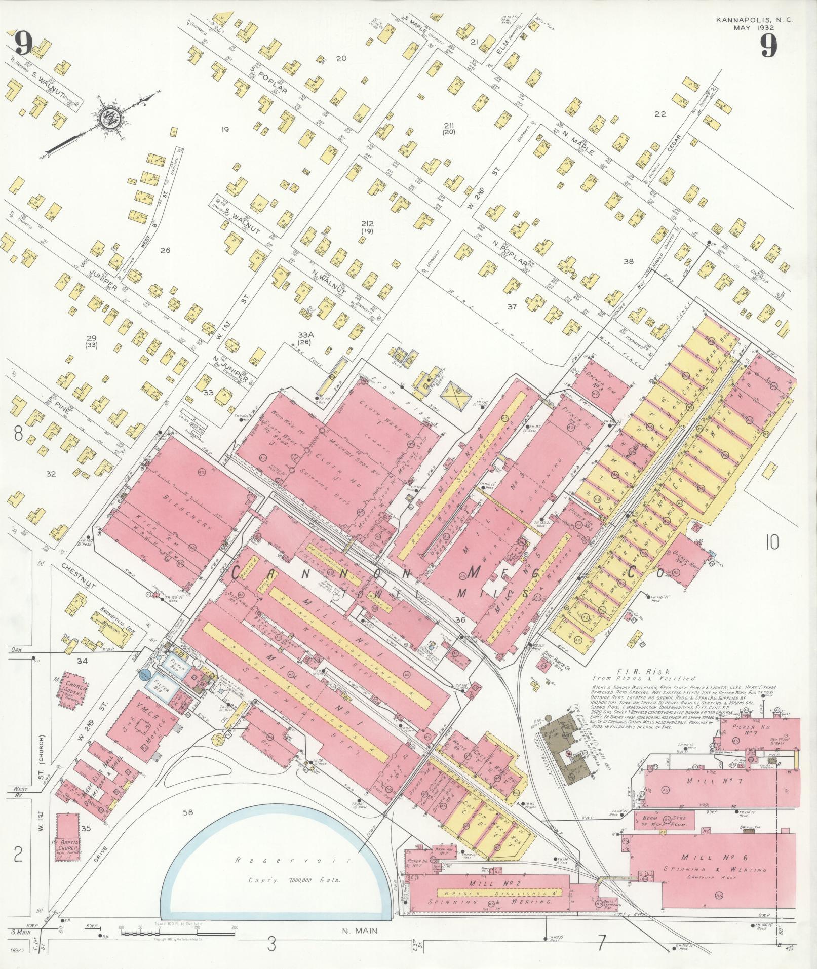 Sanborn Fire Insurance Map from Kannapolis, Rowan And Cabarrus Counties, North Carolina (1932), Sheet #0009 - Historic Sanborn Fire Insurance Map Print, vintage old map wall art, antique decor, genealogy gift, North Carolina North Carolina map