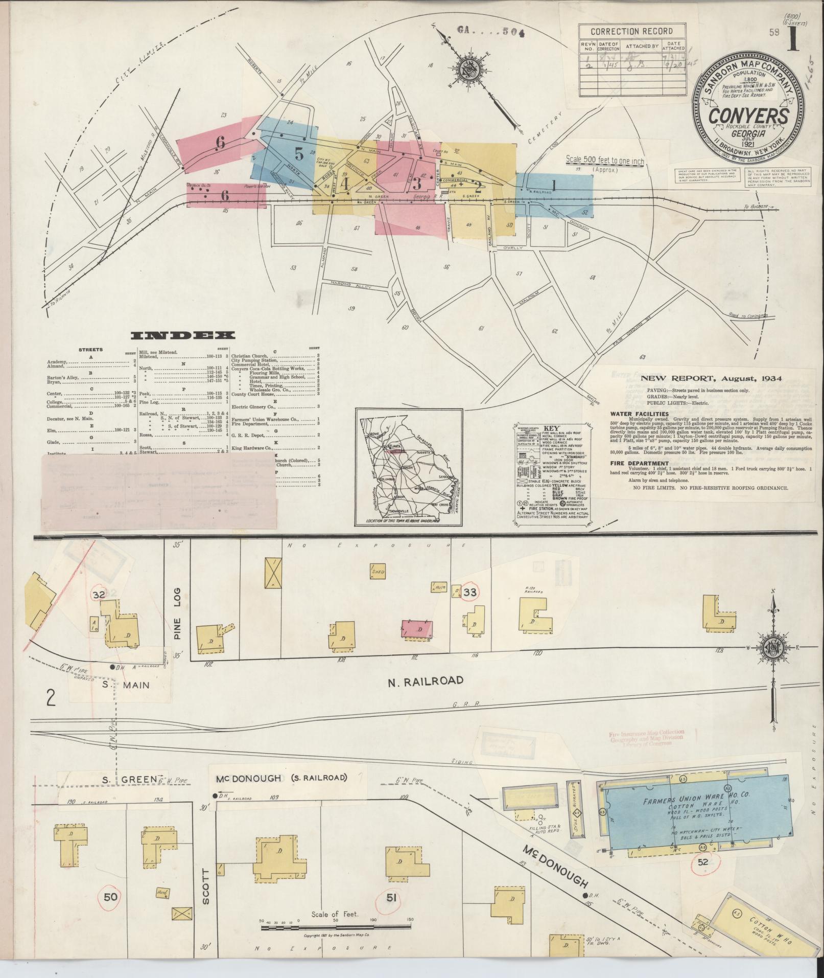 Sanborn Fire Insurance Map from Conyers, Rockdale County, Georgia (1945), Sheet #0001 - Historic Sanborn Fire Insurance Map Print, vintage old map wall art, antique decor, genealogy gift, Georgia Georgia map