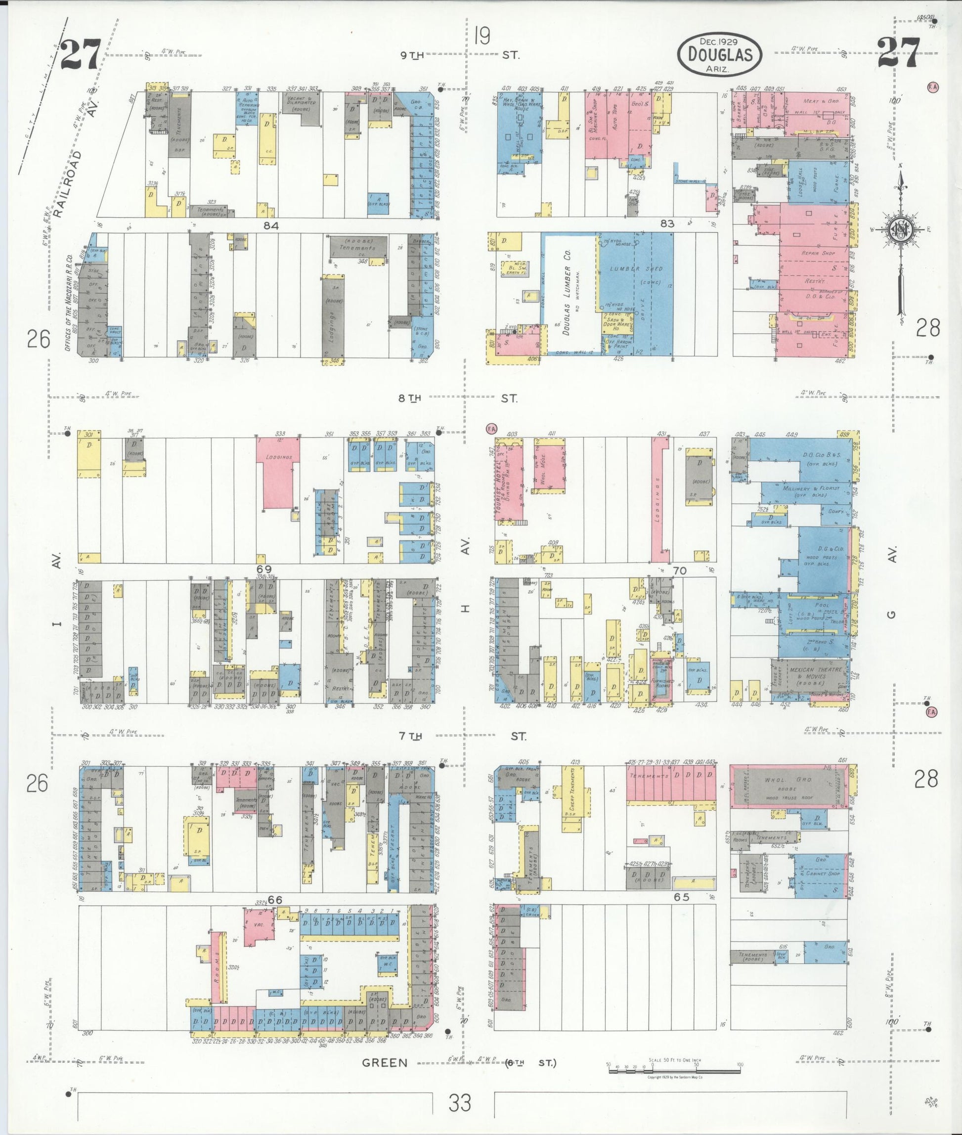Sanborn Fire Insurance Map from Douglas, Cochise County, Arizona (1929), Sheet #0027 - Complete Map Set gallery image, historic Sanborn map, vintage wall art, Arizona Arizona