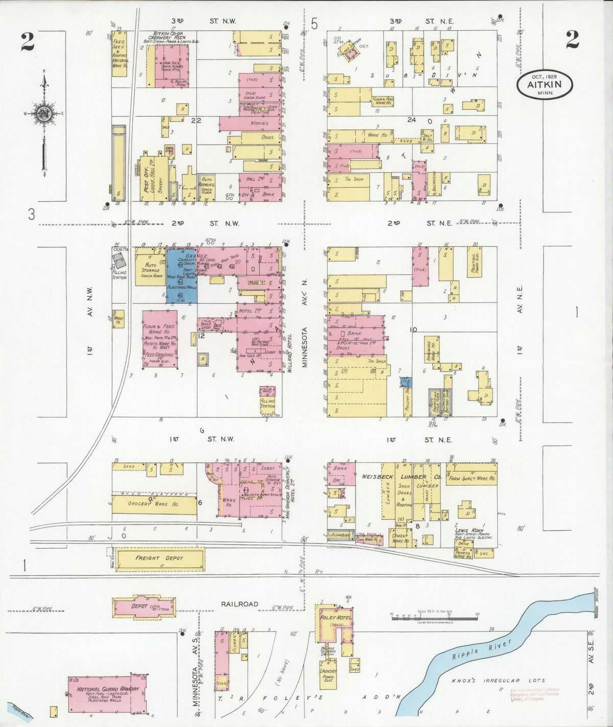 Sanborn Fire Insurance Map from Aitkin, Aitkin County, Minnesota (1929), Sheet #0002 - Historic Sanborn Fire Insurance Map Print, vintage old map wall art, antique decor, genealogy gift, Minnesota Minnesota map